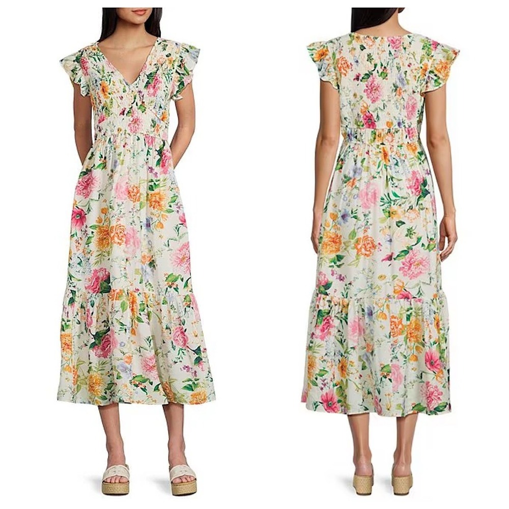 Blu Pepper Smocked V-Neck Tiered Dress Women Sz L Cream Floral Ruffle Sleeve